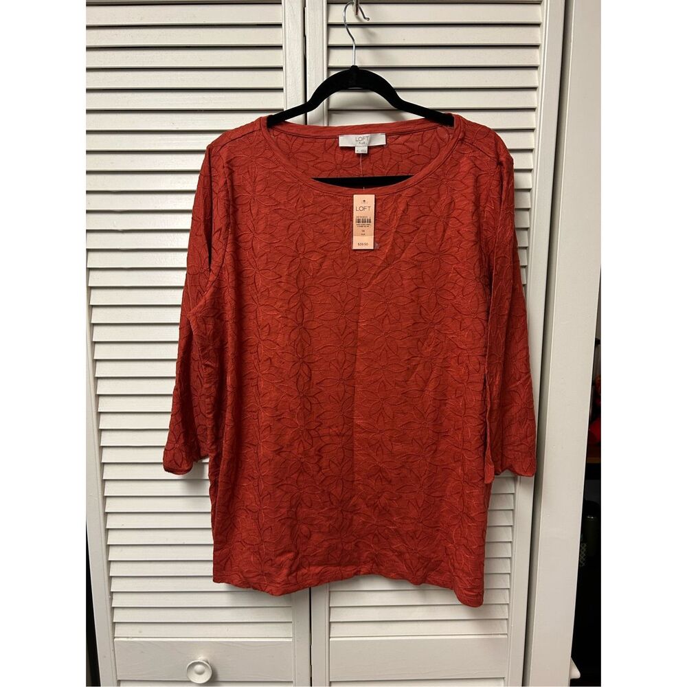 LOFT NWT Burnt Orange Floral Embroidered Half-Sleeve Blouse, Sz 14, MP $40
